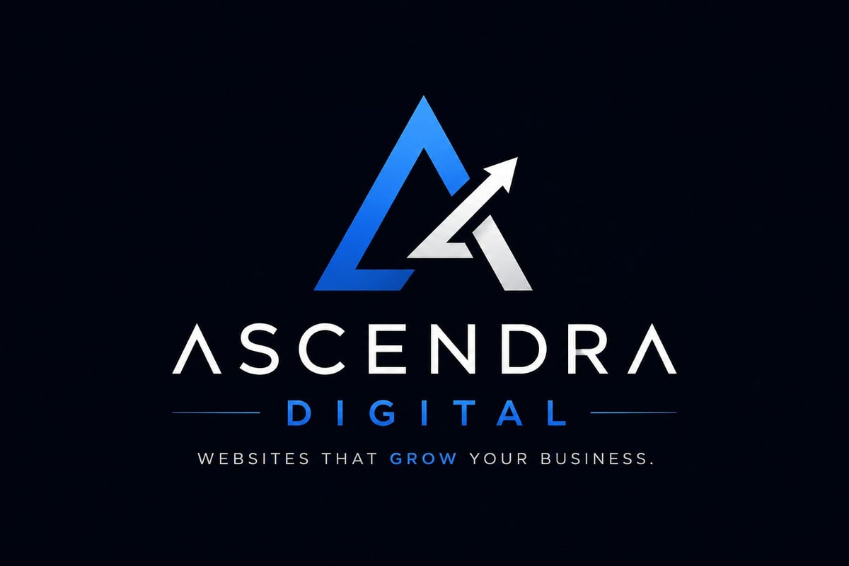 Ascendra Digital logo with blue triangle and upward arrow on dark background, tagline websites that grow your business